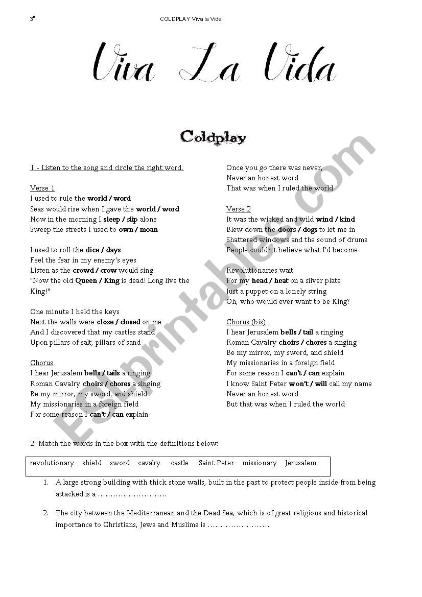 Cold play Viva la Vida worksheet