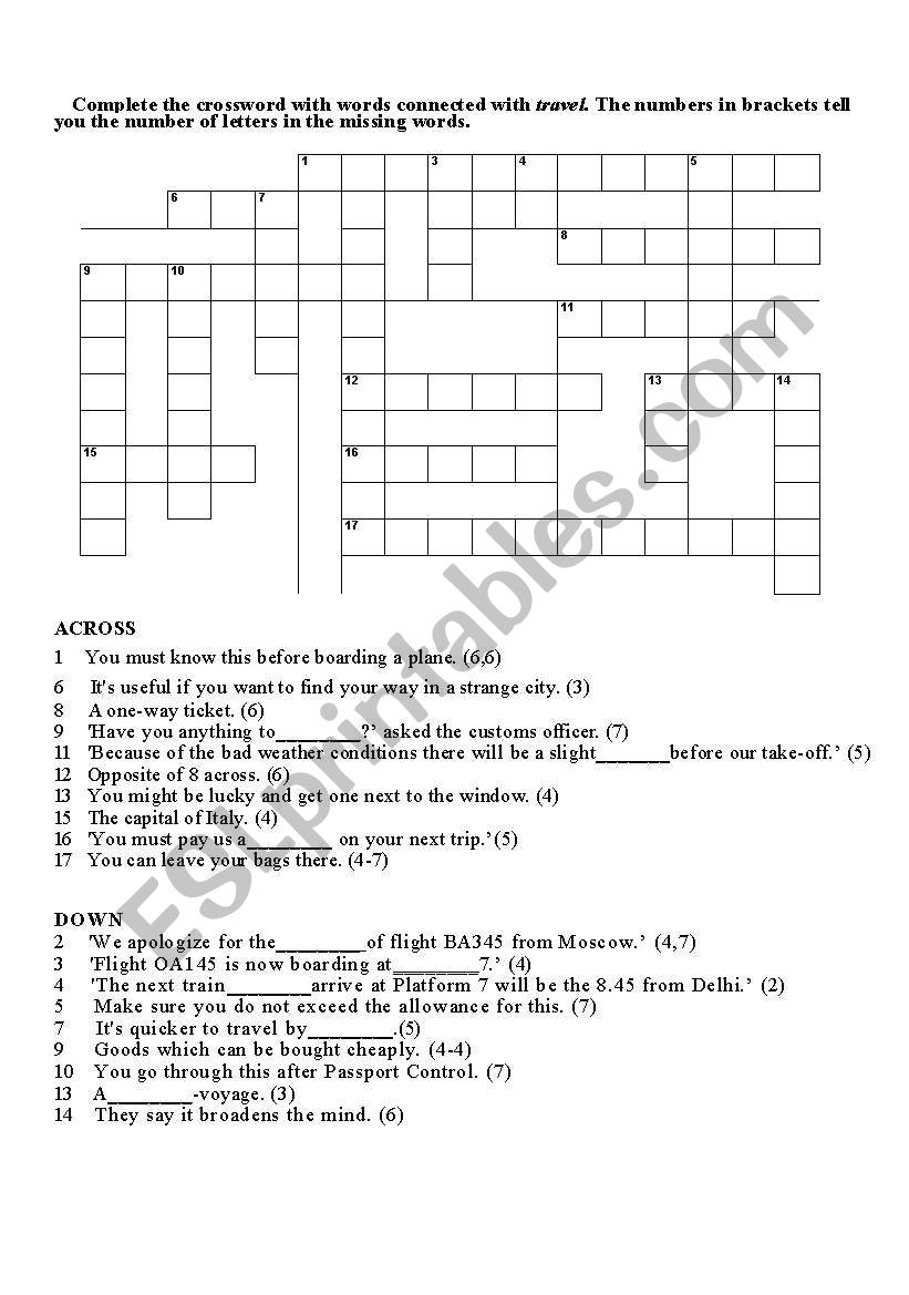 crossword for travel worksheet