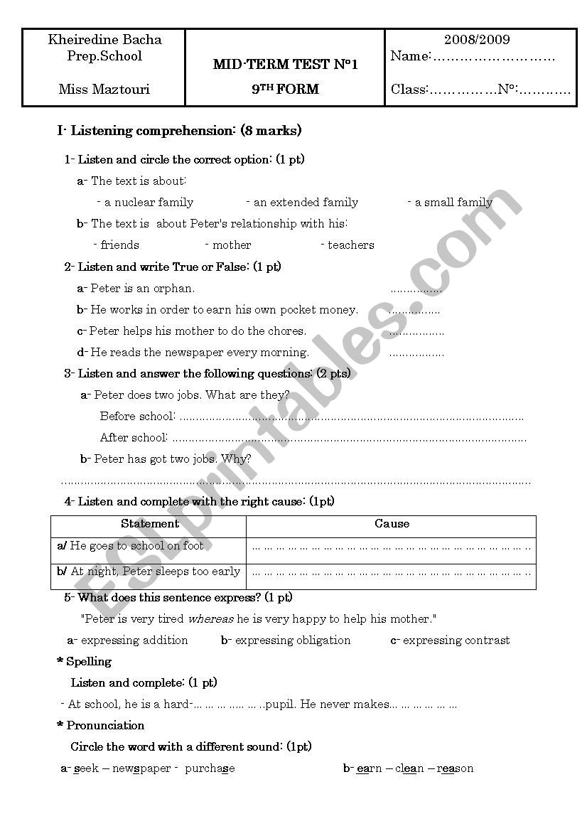 mid-term test 1 for 9th form (tunisian school)