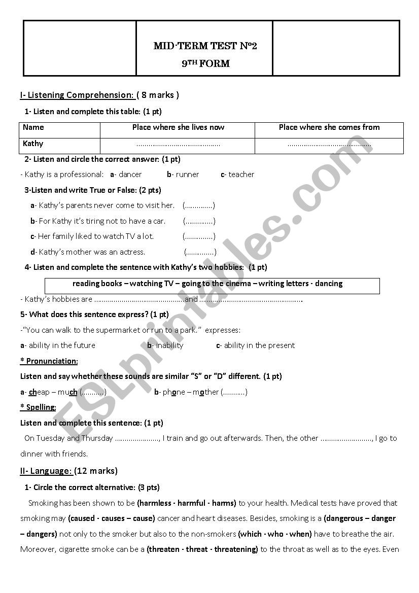 mid-term test 2 for 9th form (tunisian school)