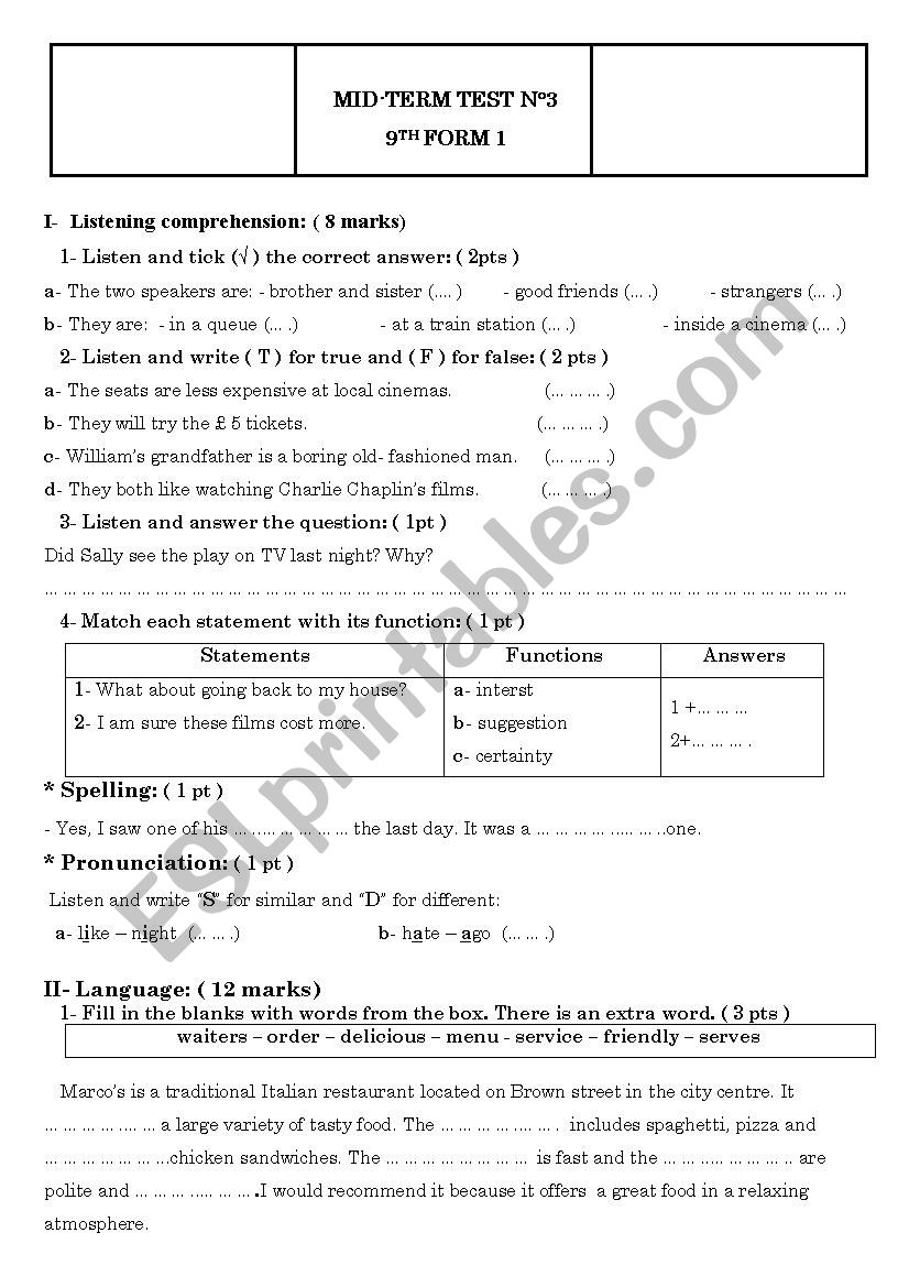 mid-term test 3 for 9th form (tunisian school)