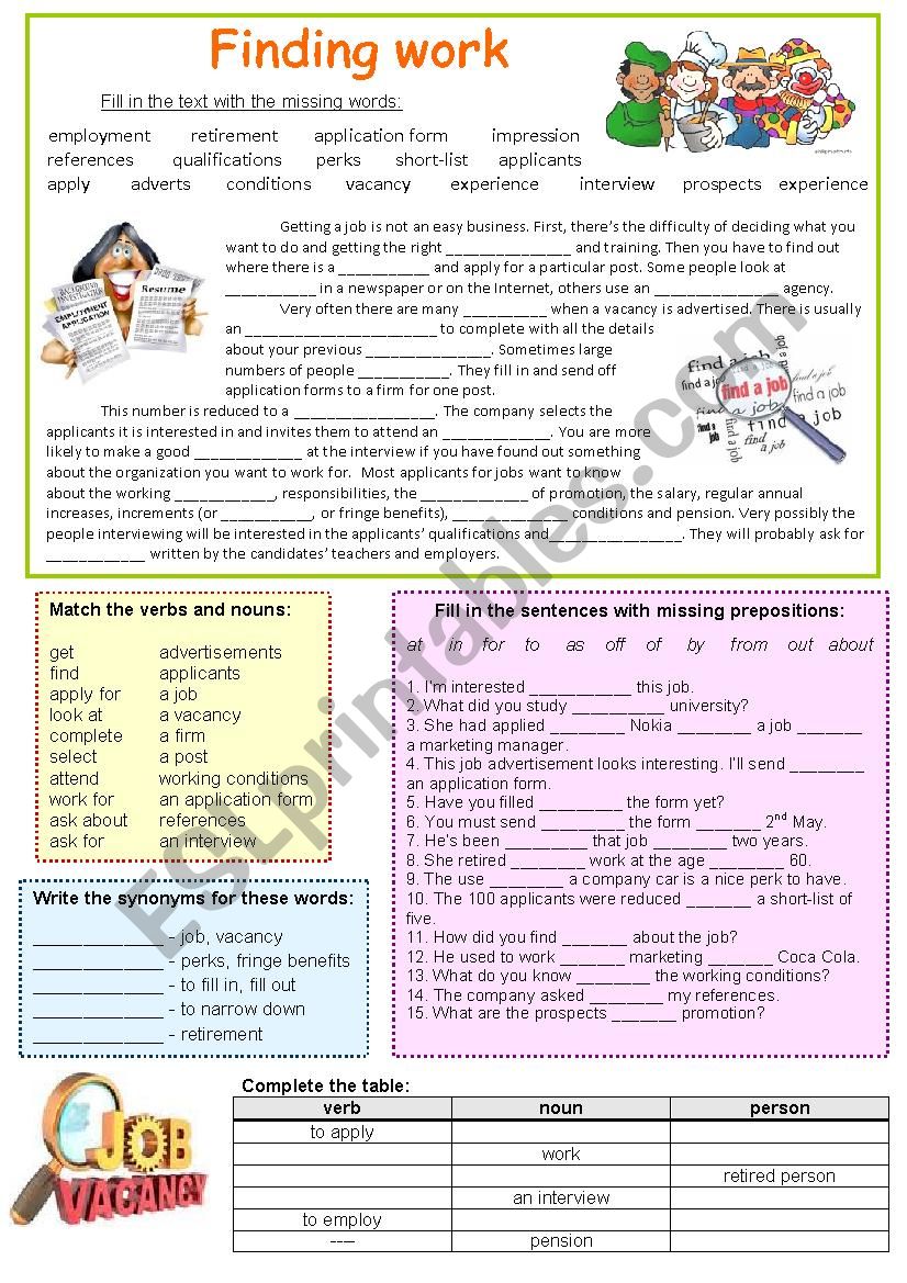 Finding work -text (editable) worksheet