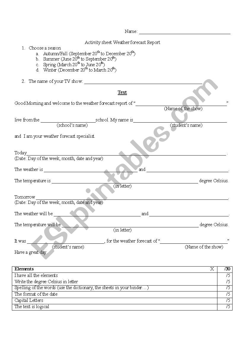 Weather forecast report worksheet