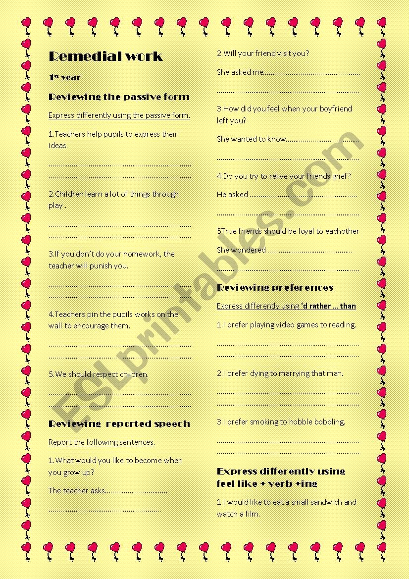 Remedial work first form worksheet