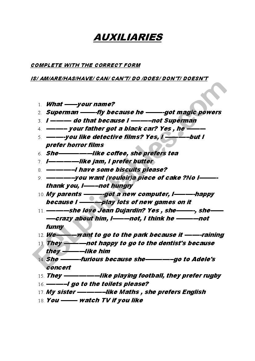 auxiliaries worksheet