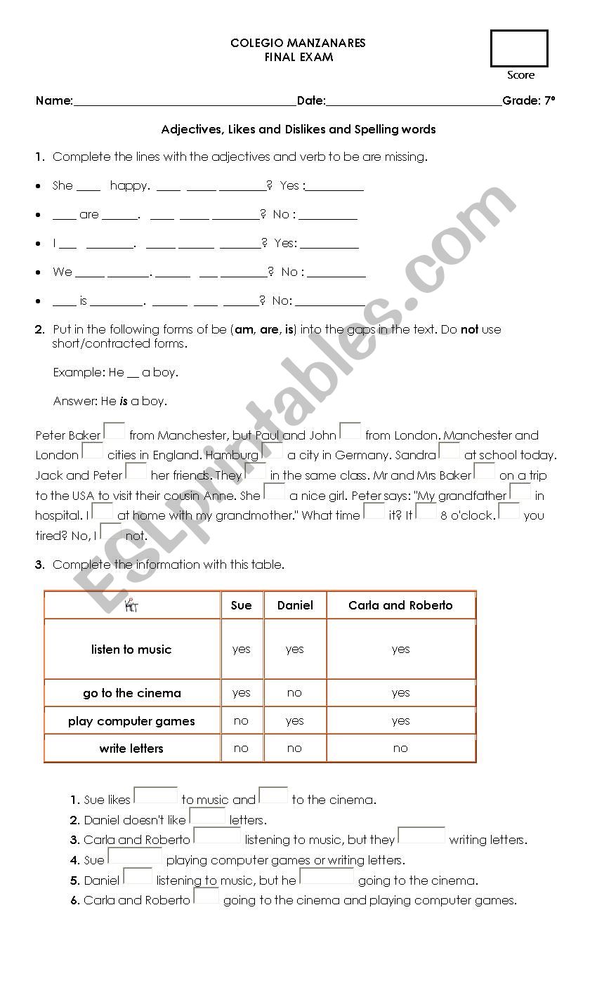 Adjectives, Likes and Dislikes and Spelling words 