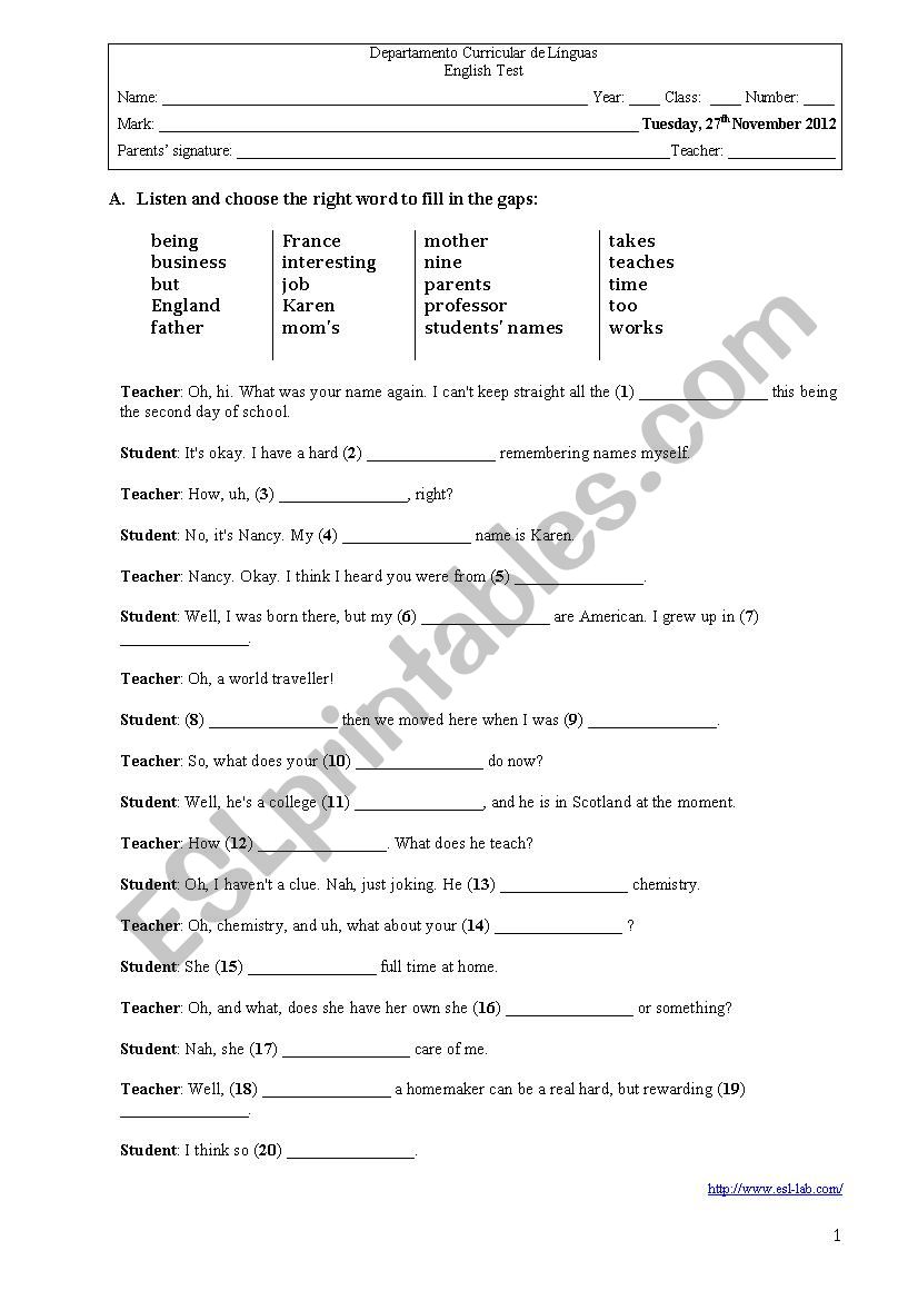 Family worksheet