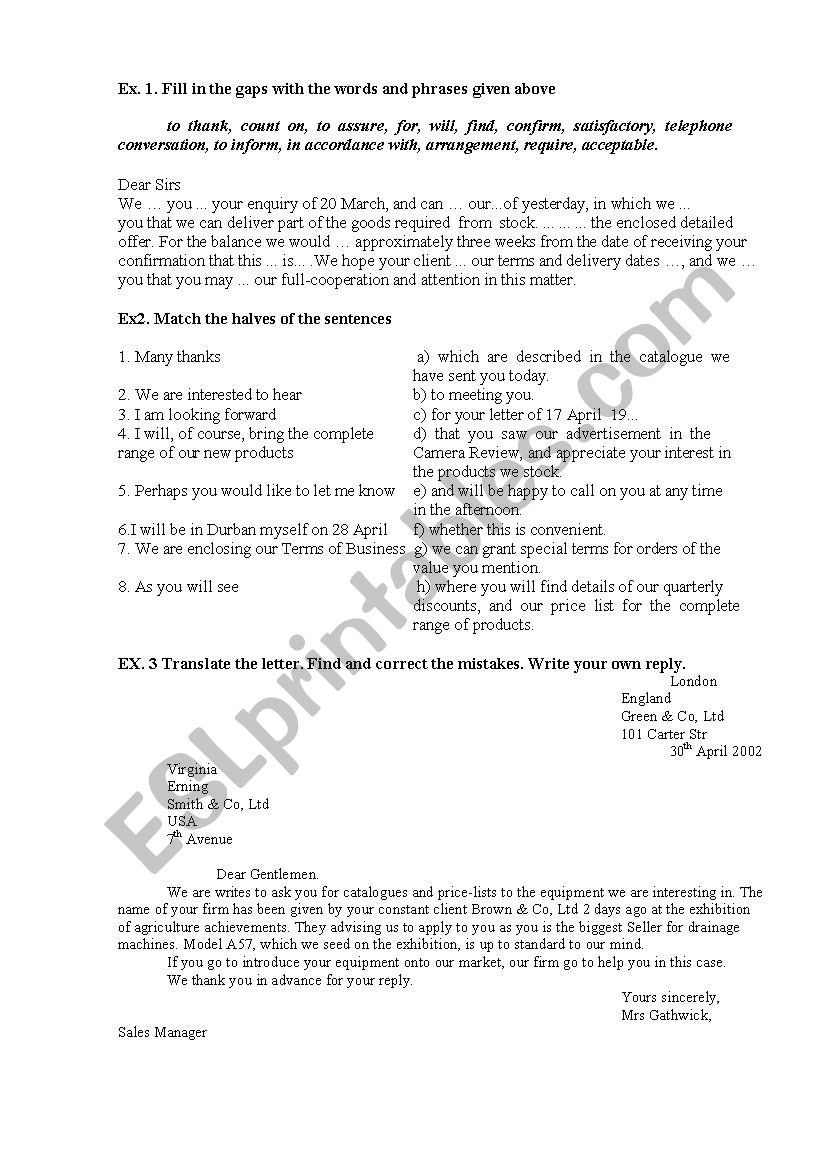 a reply to enquiry worksheet