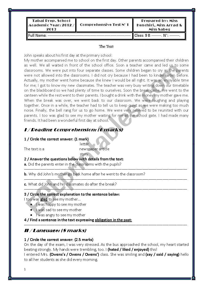 A comprehensive test worksheet