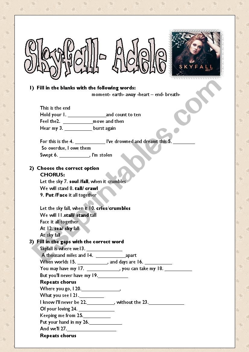 Sky Fall -Adele Listening activity with KEY