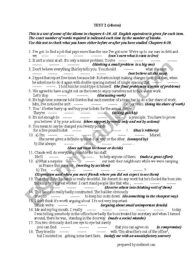 idioms as test worksheet