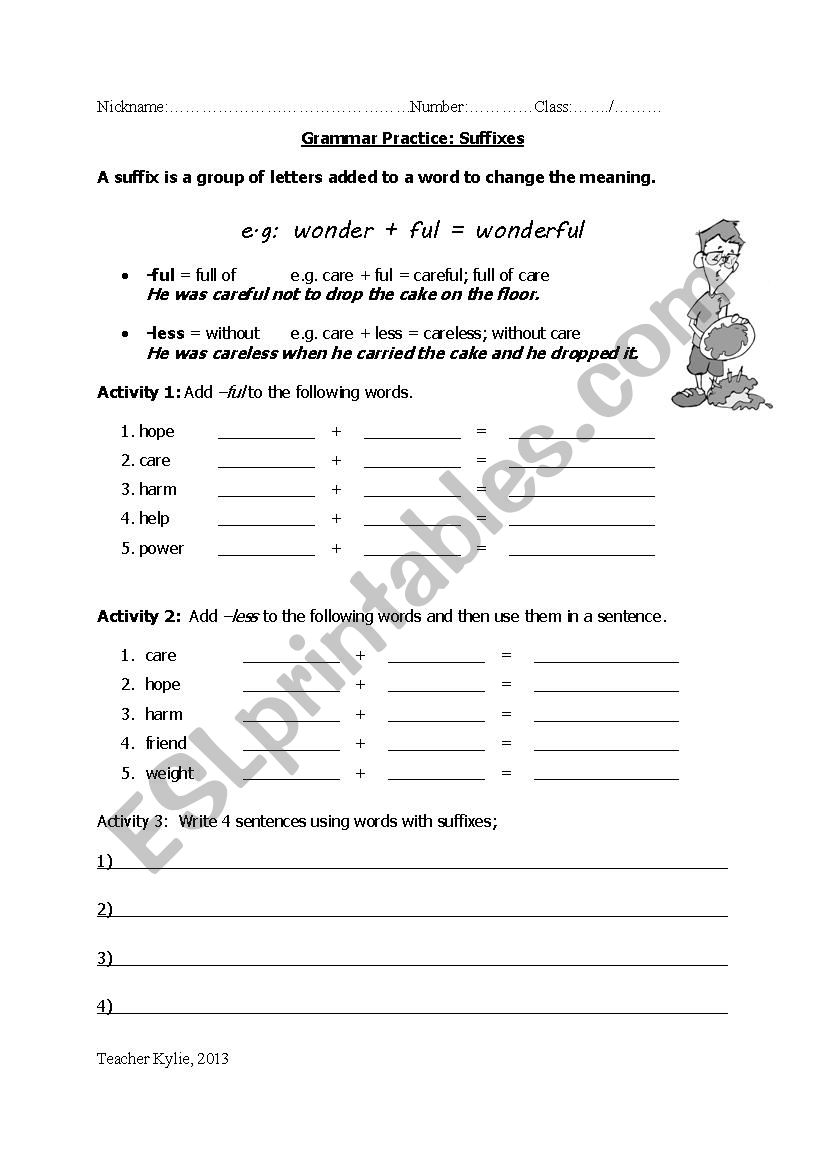 Suffixes -full -less worksheet