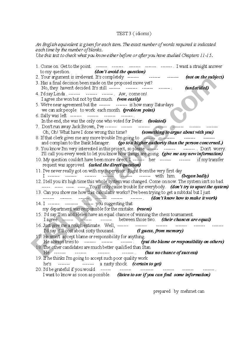 idioms test 2 worksheet