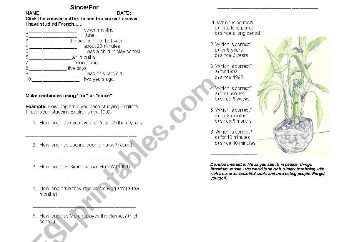 since/for worksheet