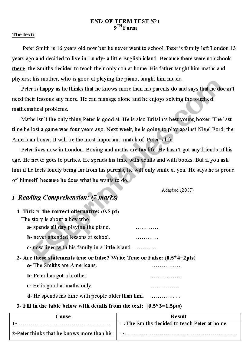 reading comprehension end test1 9th form (tunisian school)