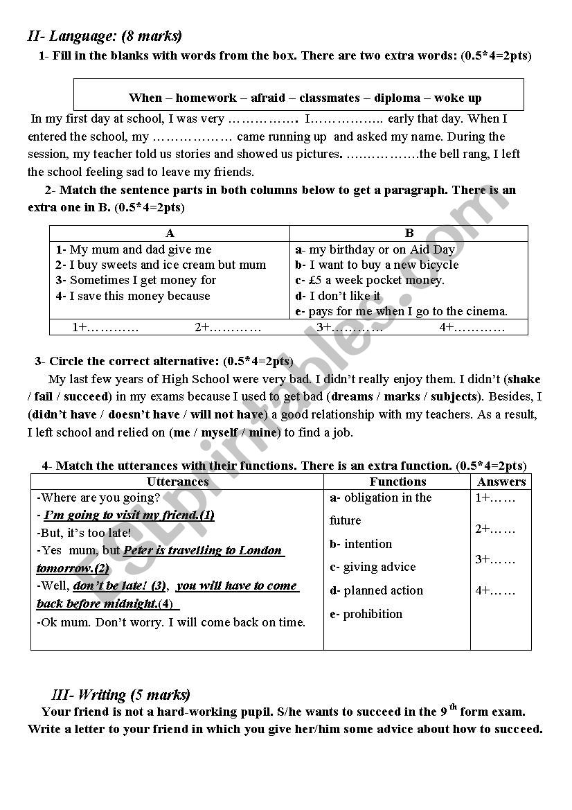 language+writing for end of term test1 9th form