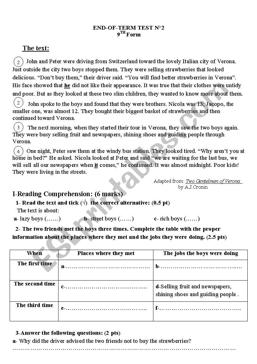 reading comprehension end test2 9th form (tunisian school)