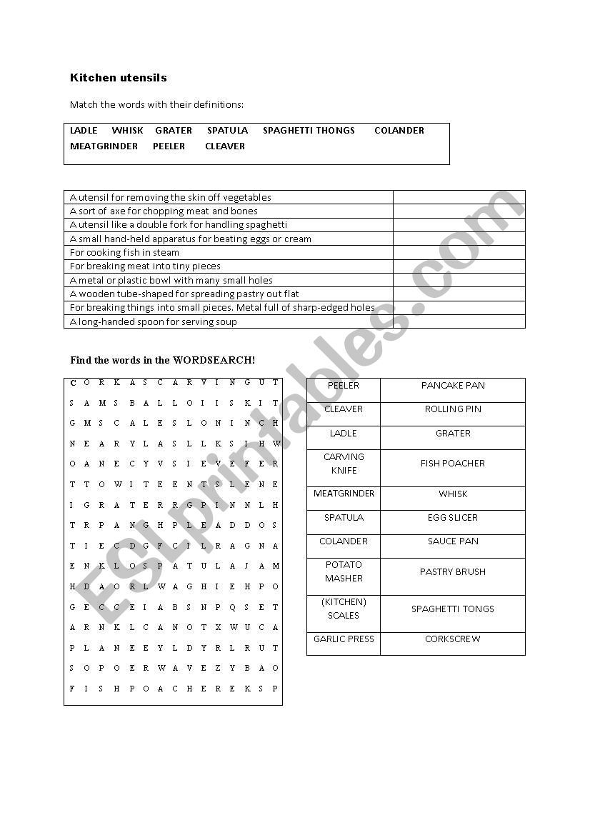 kitchen utensils word search worksheet