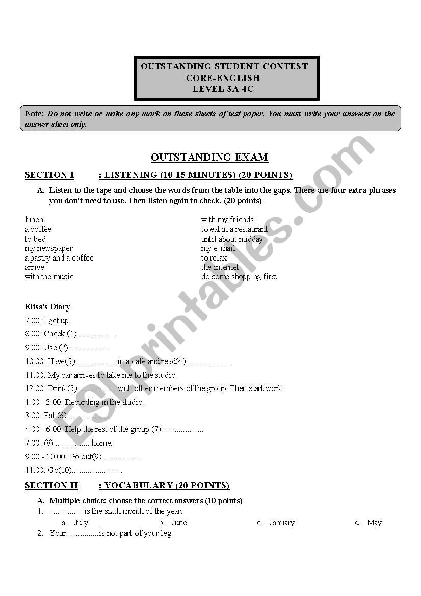 Test paper for level 3A-4A worksheet
