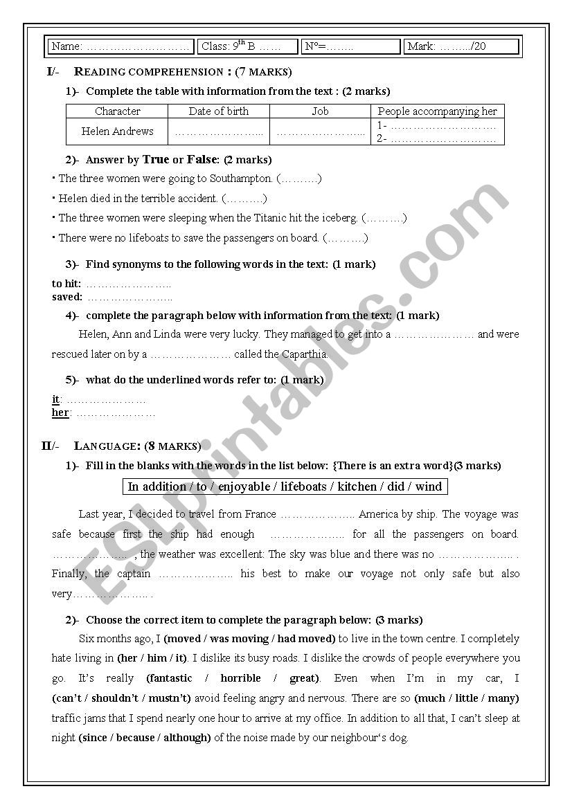 9th form 2nd term full test worksheet