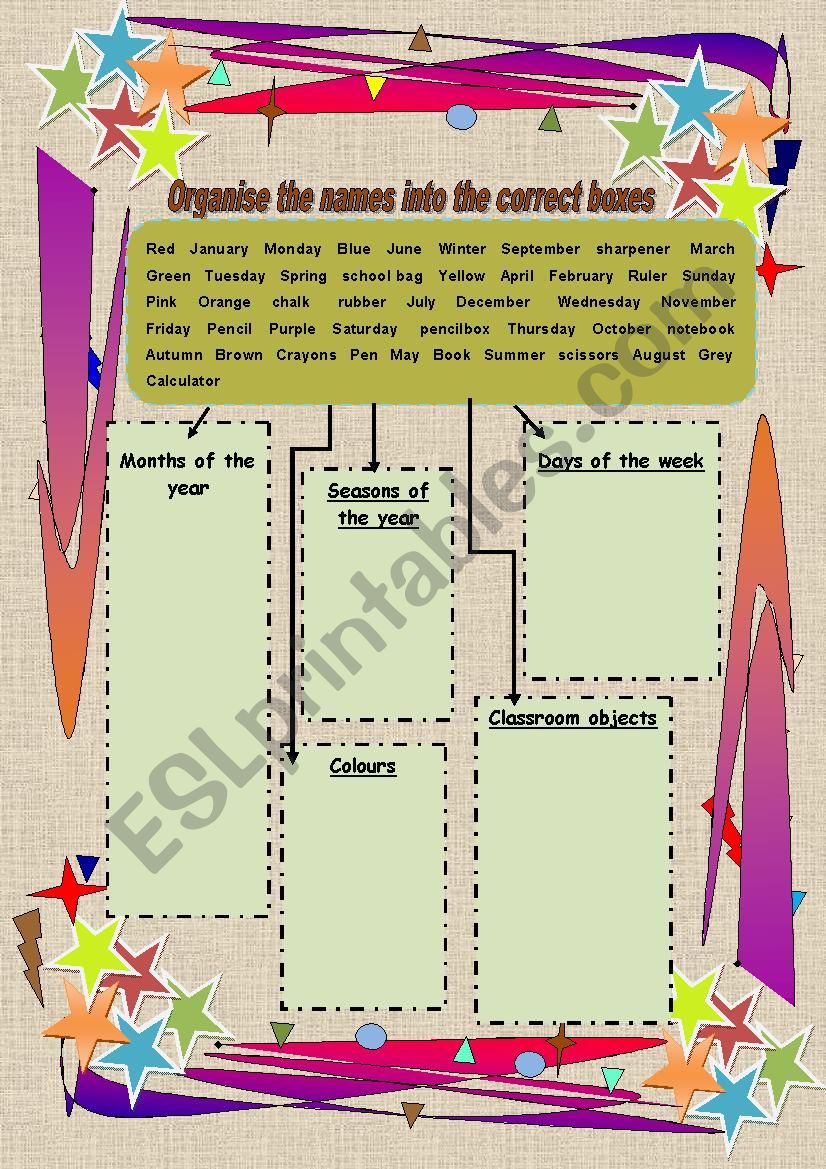 Organize the names into the correct box Organize the names into the correct box