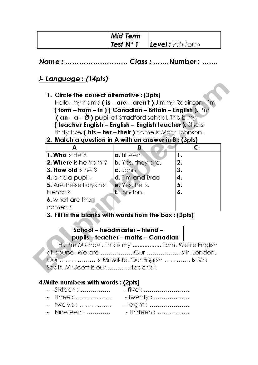 MID TERM TEST worksheet