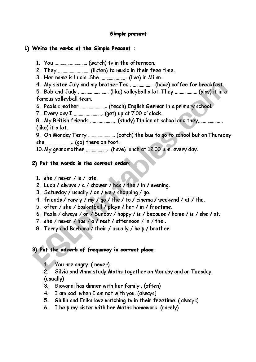 simple present  worksheet