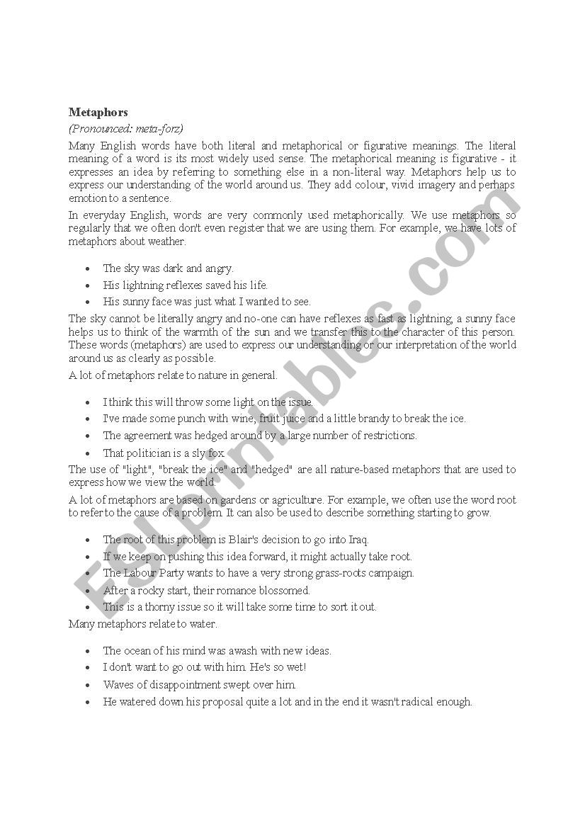 Metaphor worksheet