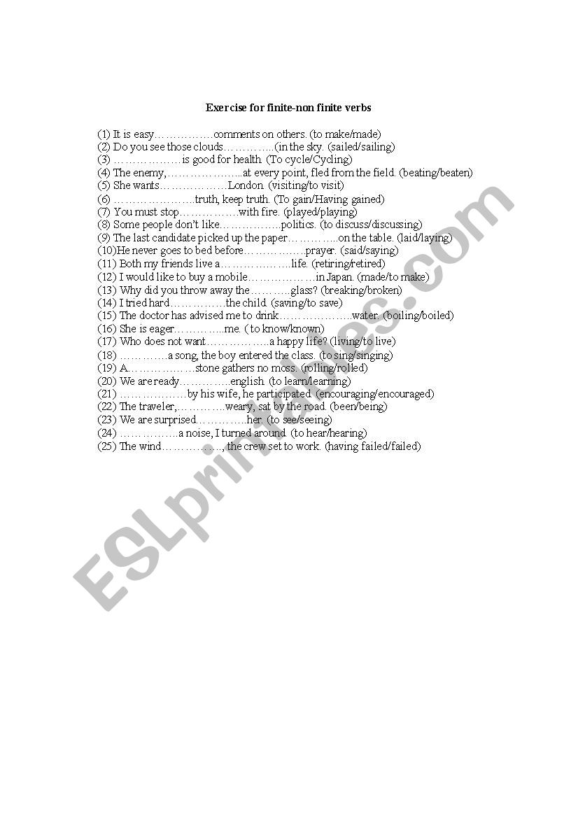 non finite verbs esl worksheet by ashishjoshi