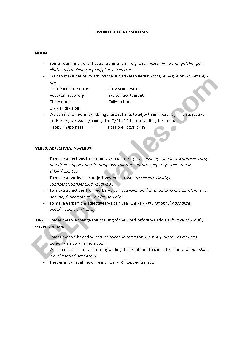 Word building: suffixes worksheet