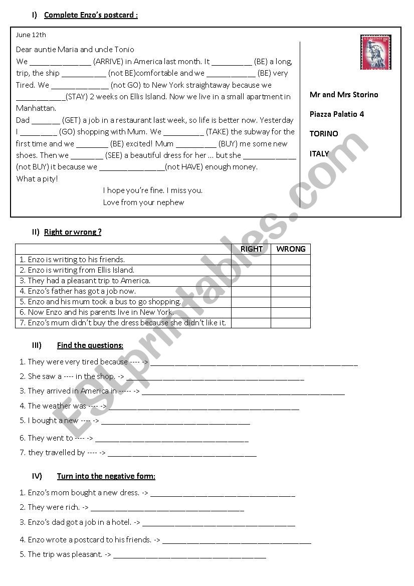 EnzoÂ´s postcard worksheet