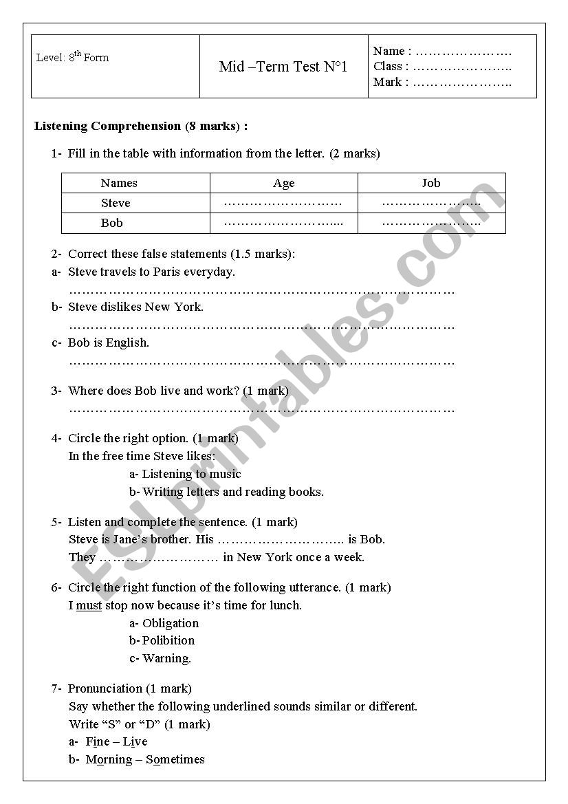 8th form test worksheet