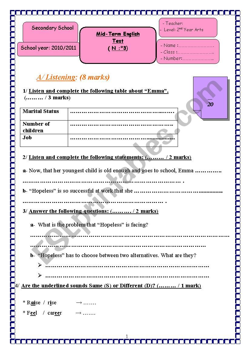 Ordinary Test N3 worksheet