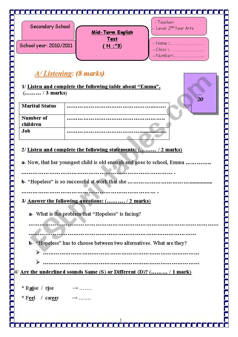 Ordinary Test N3 worksheet