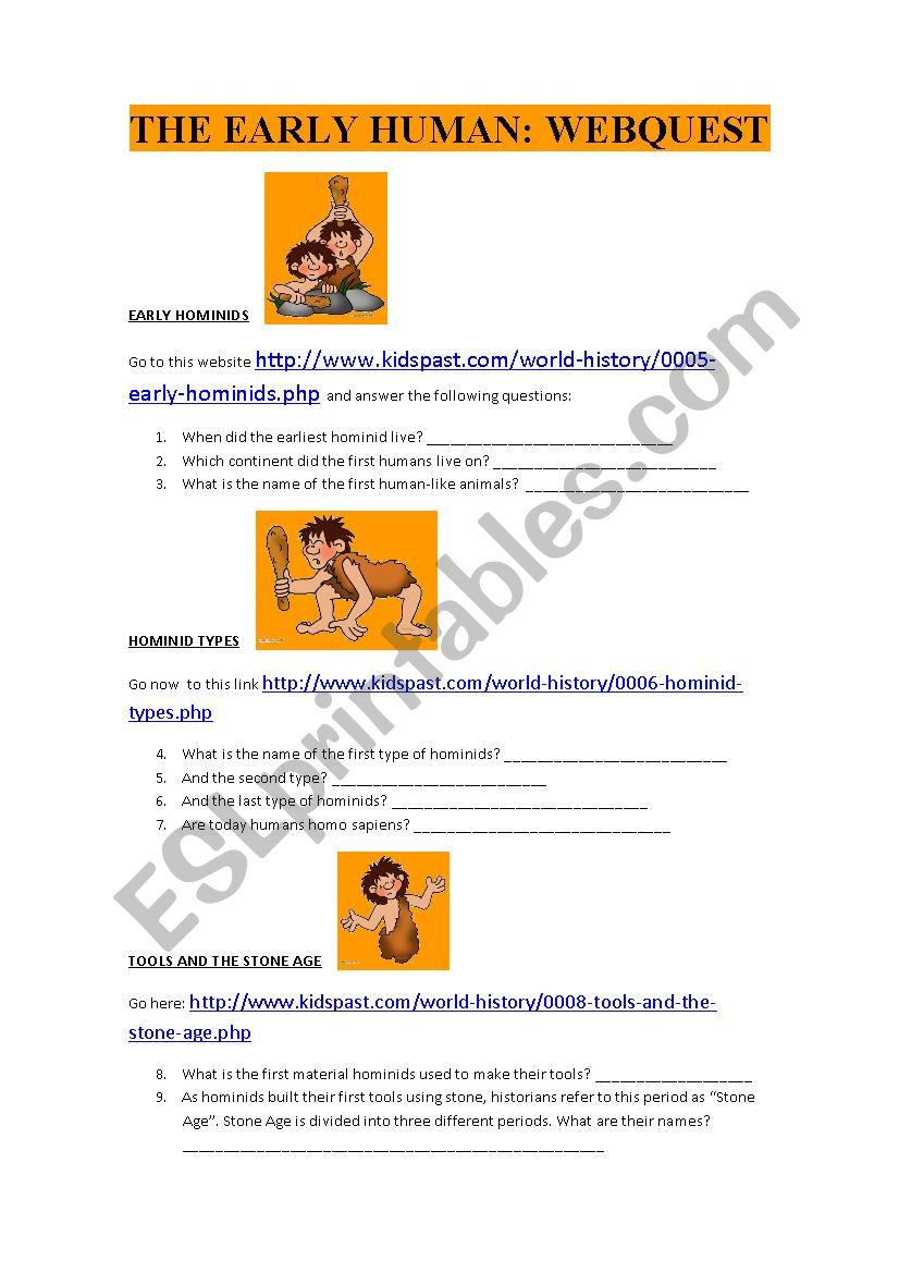 Early Humans: Webquest worksheet