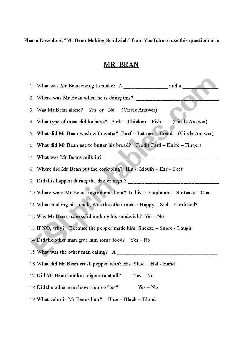 Mr Bean Makes a sandwich  worksheet