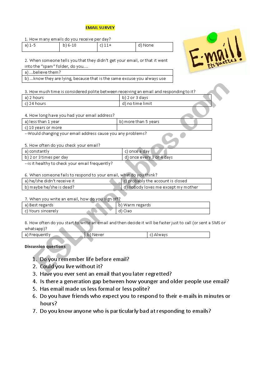 Email Survey for Conversation worksheet
