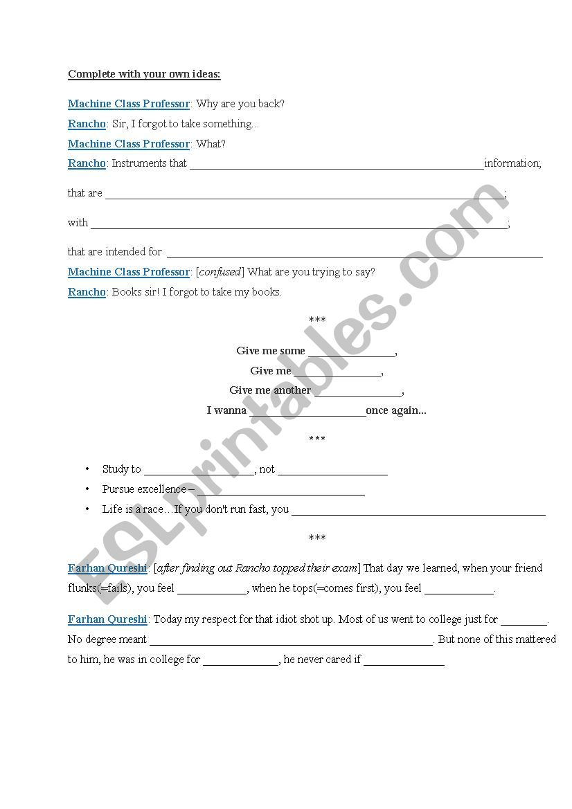 The movie 3 Idiots worksheet