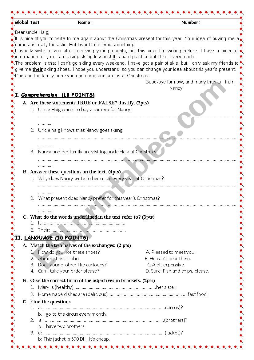 global test worksheet