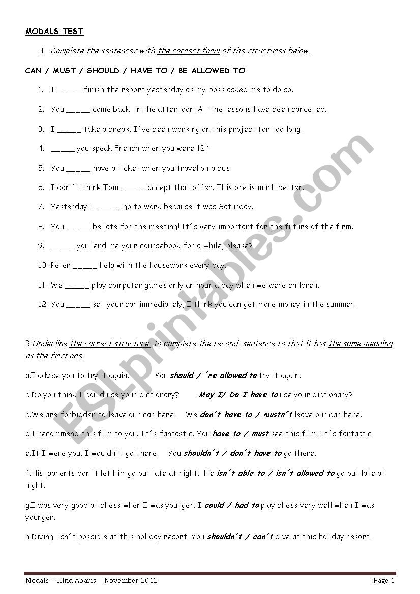 Modals worksheet