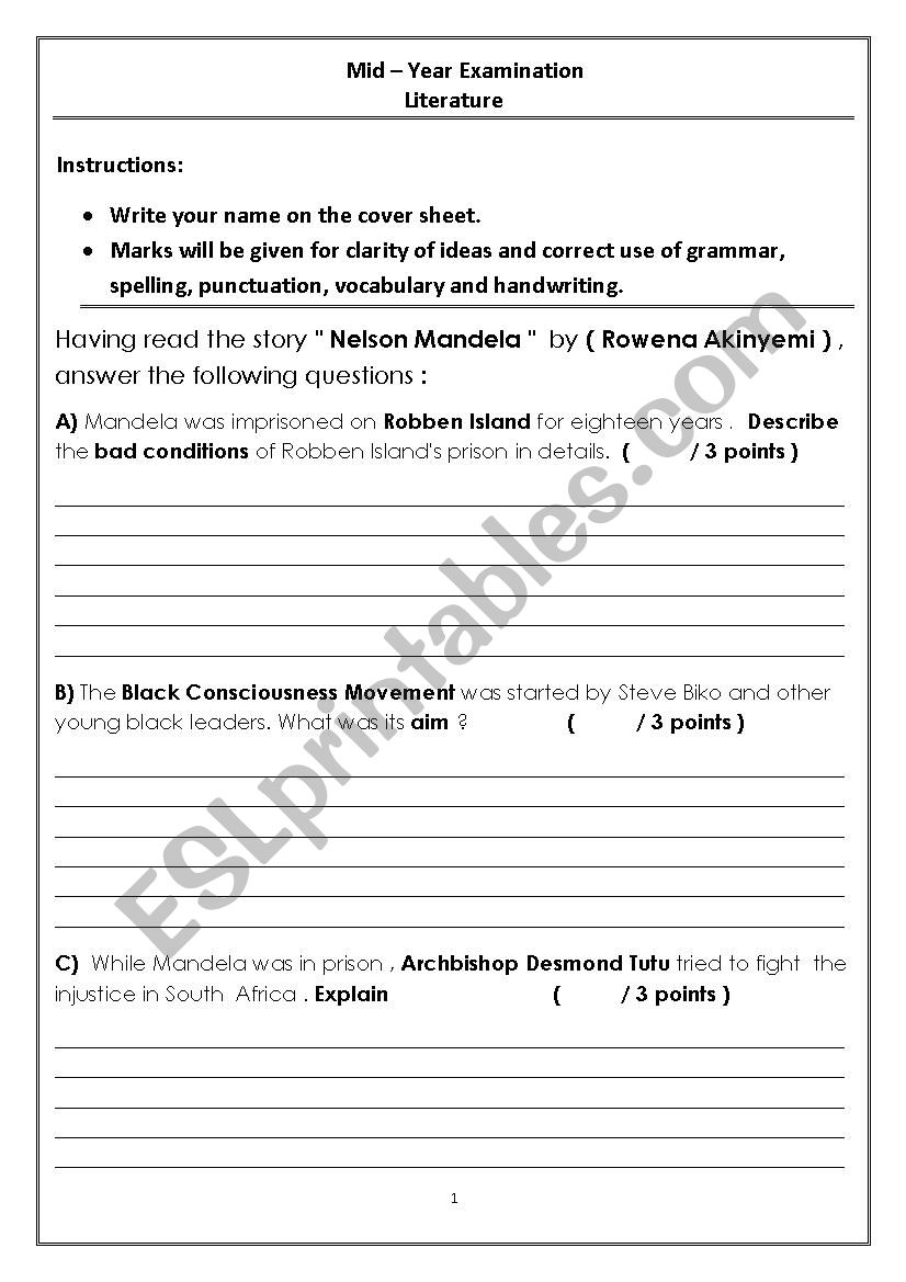 Nelson Mandela  worksheet