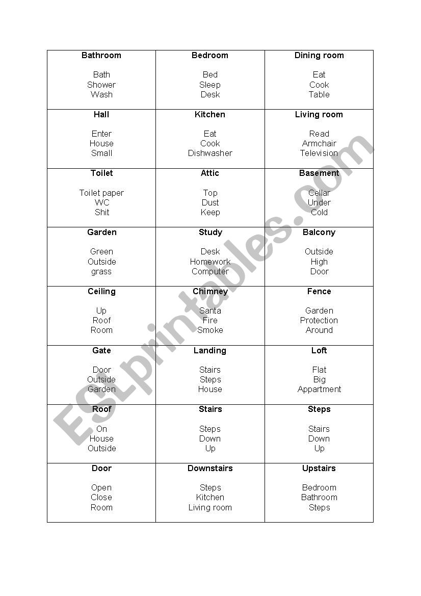 Taboo - parts of a house 1 worksheet