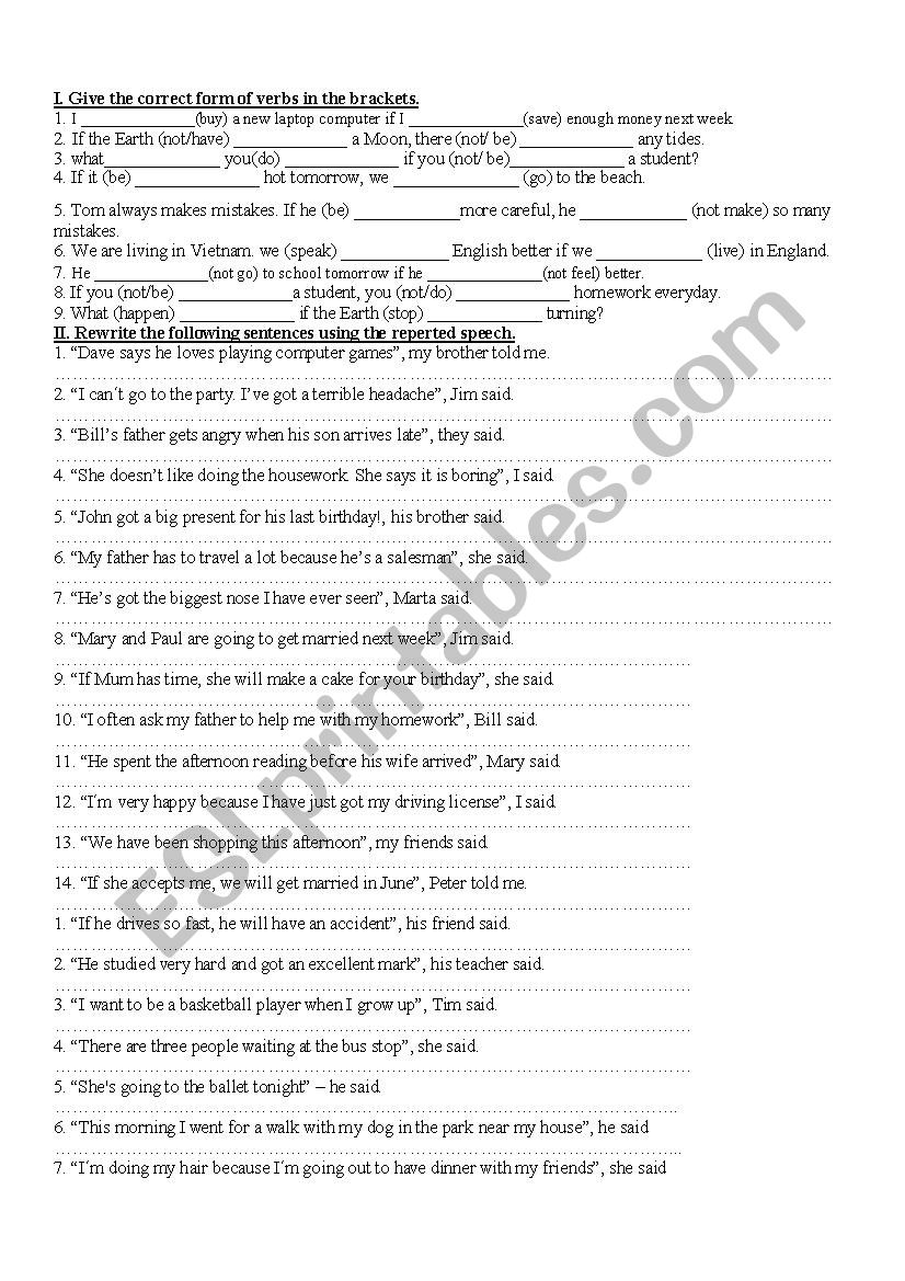 reported speech worksheet