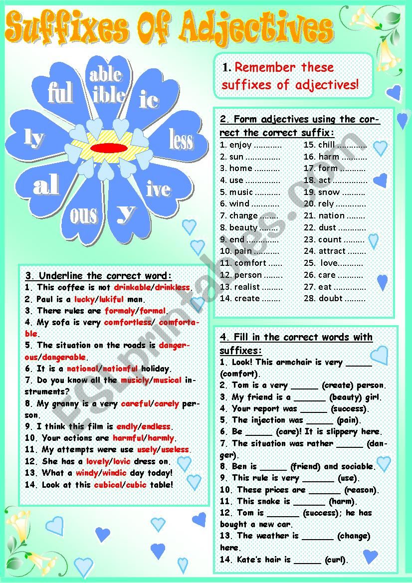 Adjectives Suffixes Worksheets