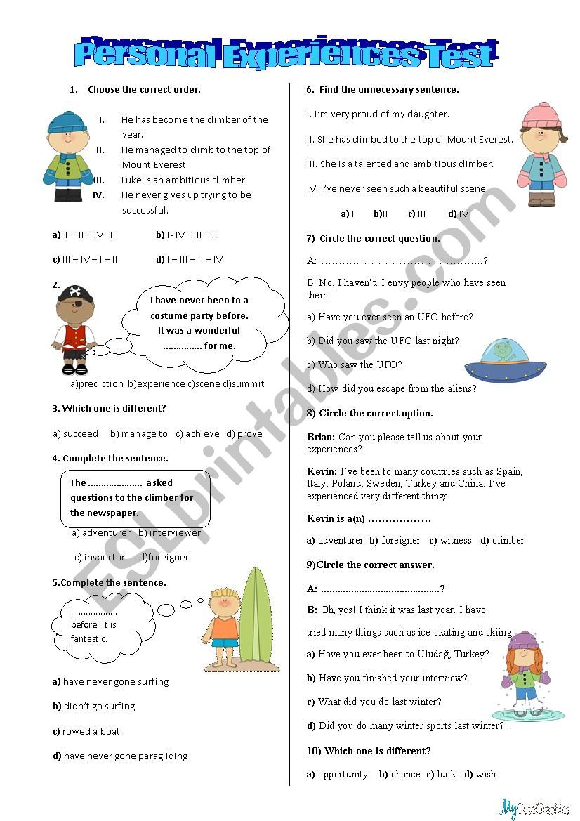 Personal Experiences Test worksheet