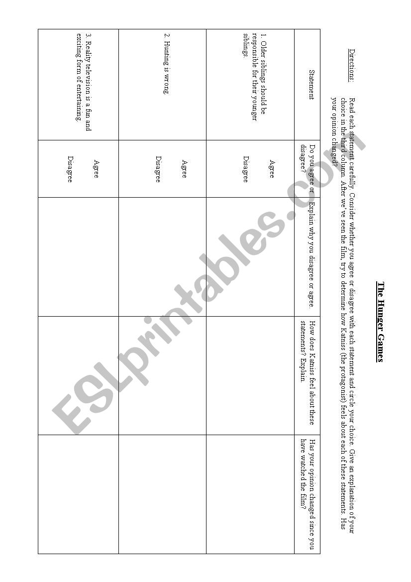 The Hunger Games- Statements worksheet