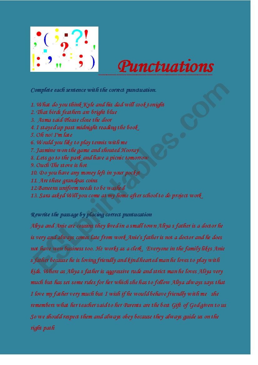 Punctuations worksheet