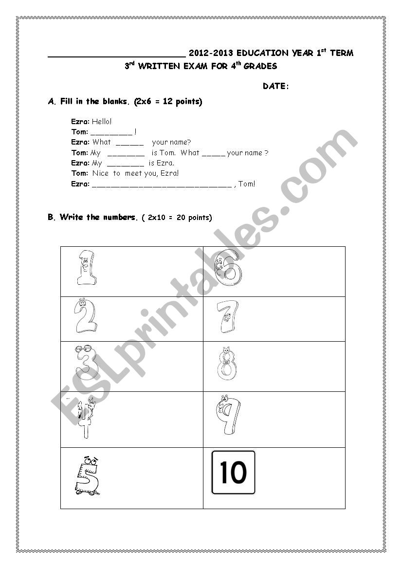 Exam or worksheet worksheet