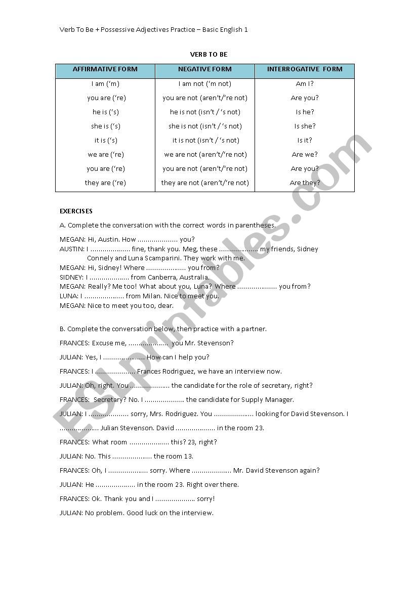 Verb To Be + Possessive Adjectives Practice  Basic English 1