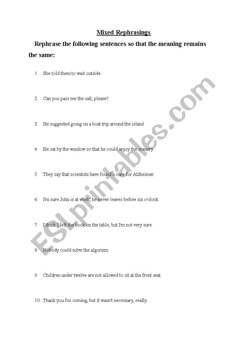 mixed rephrasings worksheet